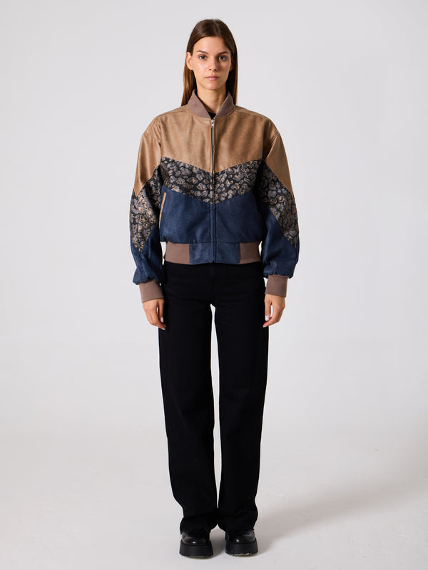 Bomber Light Brown & Navy Blue Vintage Jacket S