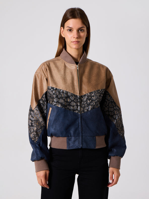 Bomber Light Brown & Navy Blue Vintage Jacket S