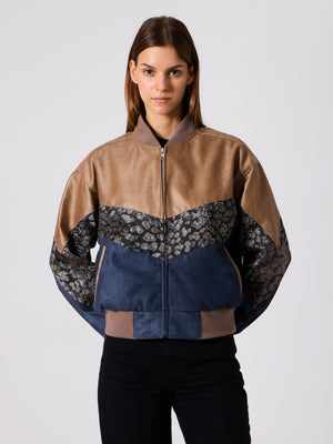 Bomber Light Brown & Navy Blue Vintage Jacket S