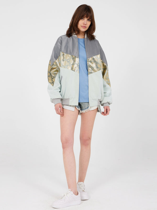 Aztec Grey & Blue Bomber Jacket L